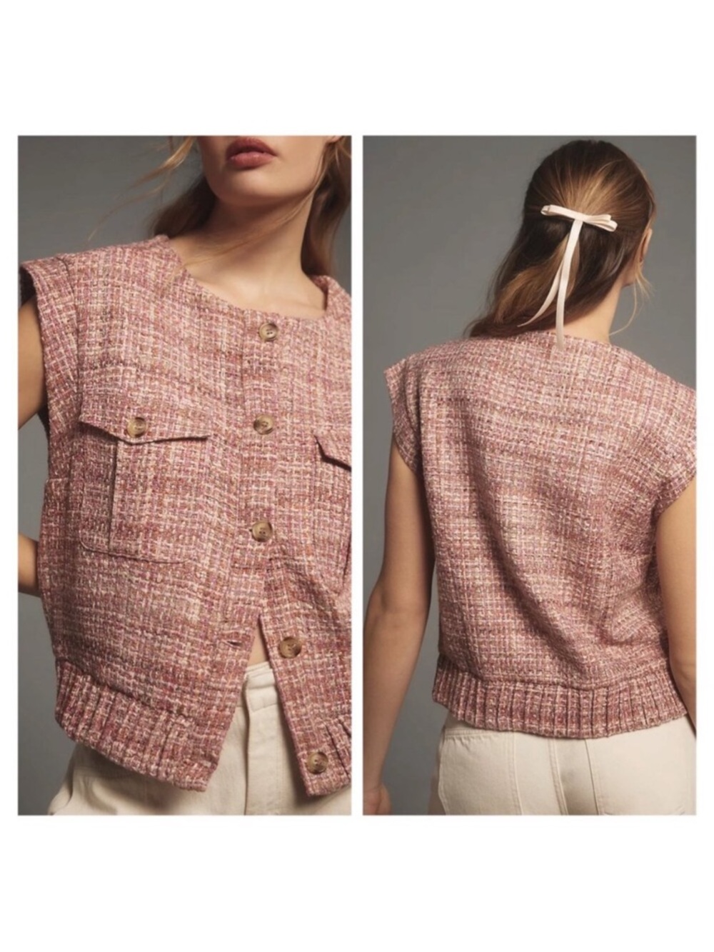 Anthropologie Maeve Extended Shoulder Button-Front Tweed Vest Small